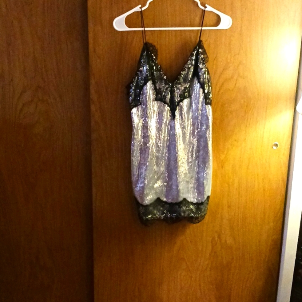 PRETTYLITTLETHING SEQUINNED DRESS, SIZE 4, MINI, 1/2 ZIPPERED BACK